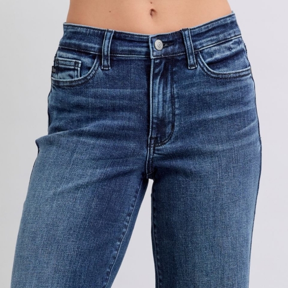 Judy Blue Mid-Rise Straight Leg Boyfriend Relaxed Jeans Raw Hem Denim Pants - Picture 5 of 16